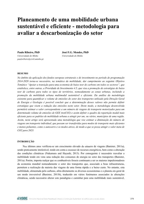 Pdf Planeamento De Uma Mobilidade Urbana Sustentável E Eficiente