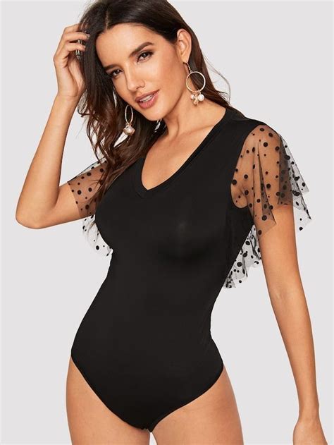 Dot Mesh Flutter Sleeve Bodysuit Shein Sheinside Biancheria Intima