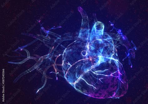 Glowing Human Heart Made Of Neon Particles Bright Magic Heart Health Concept Art Stock