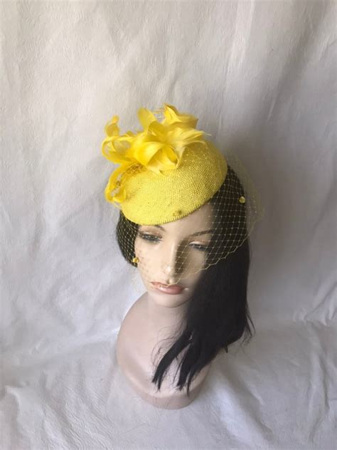 Yellow Fascinator Hat With Dot Veil Wedding Mother Of Bride Etsy