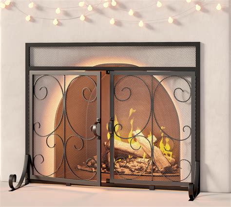 Calidola Large Flat Fireplace Screen With Doors Wrought Iron Frame With Metal Mesh