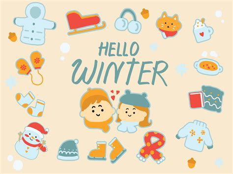 winter stuff icon set  clip art cartoon style  vector art