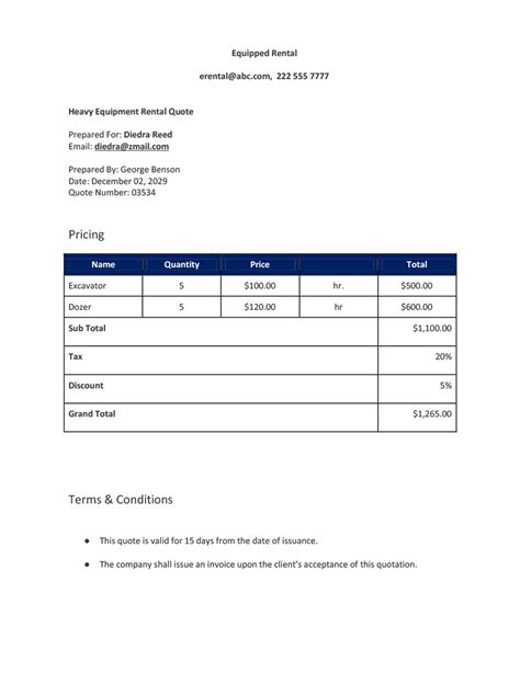 Equipment Rental Quote Template