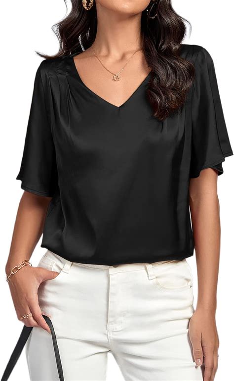 Rooscier Women S Satin V Neck Ruched Short Sleeve Loose Elegant Office