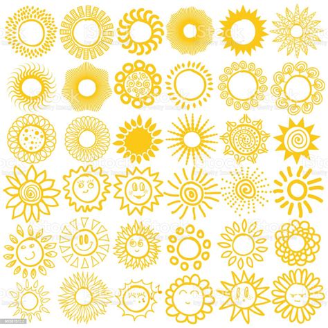 Vetores De Conjunto De Mão Desenhada De Sóis Diferentes Isolados