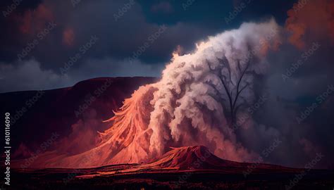 Volcanic eruption with a huge cloud of smoke. Natural disaster. Smoke rises from the volcano. AI ...