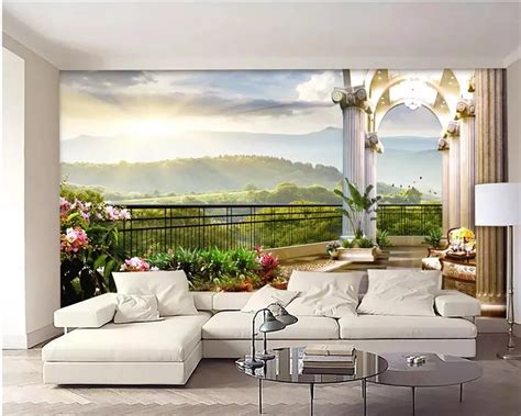 Beibehang Custom Large Wallpaper D Stereo Villa Window Balcony Sunrise