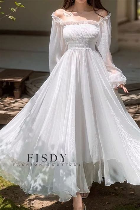 Fisdy Maxivestido Blanco De Encaje Con Hombros Descubiertos Para