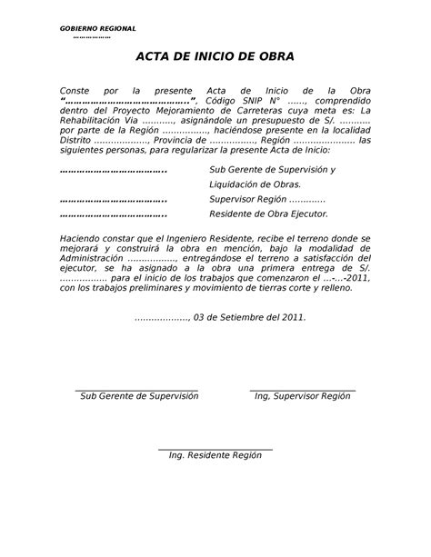 ACTA DE Inicio DE OBRA GOBIERNO REGIONAL ACTA DE