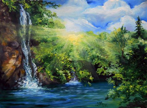 Original Oil Painting Waterfall With Sunrise X Inch Lana Kanyo