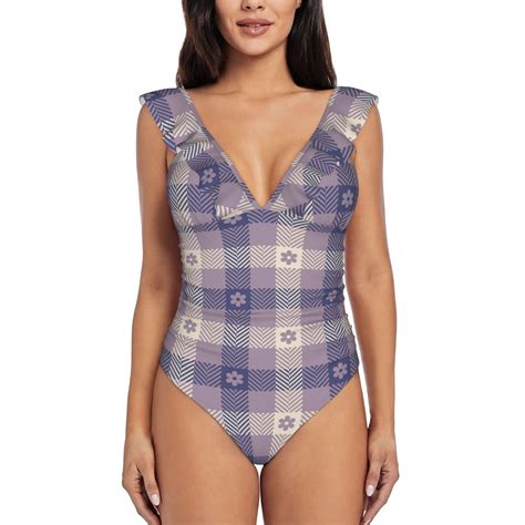 Bingfone Purple Floral Gingham Check Plaid Print Women Ruffle One Piece