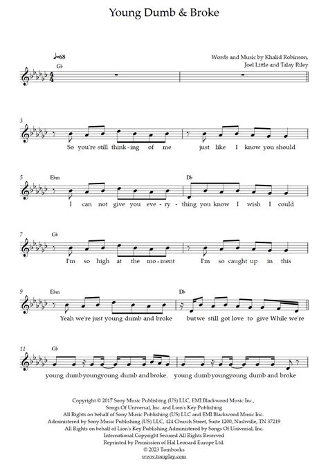 Young Dumb & Broke (Khalid) - Vocal Sheet Music