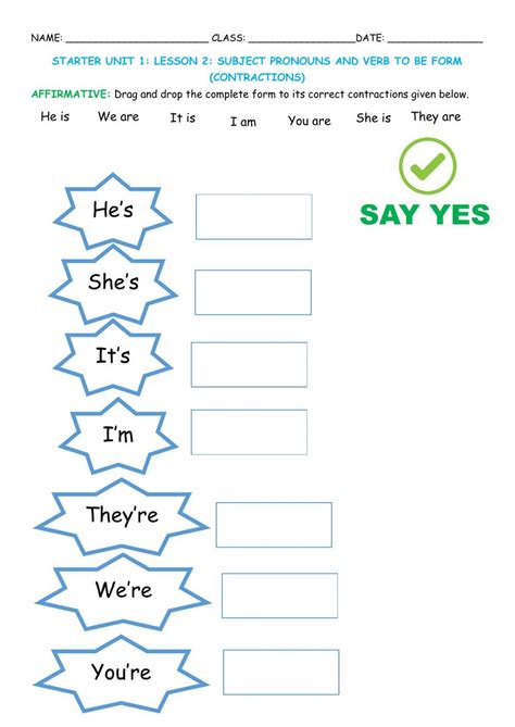 Starter Unit Subject Pronouns And Contractions Worksheet