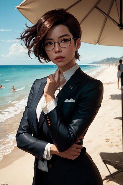 Premium Ai Image A Woman In A Suit Stands On A Beach Wearing Glasses