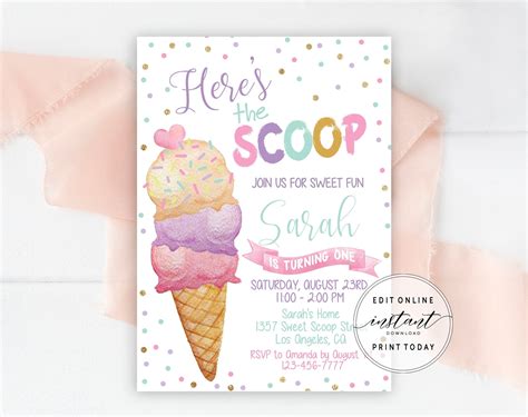 Ice Cream Birthday Invitation Printable First Birthday Party Etsy