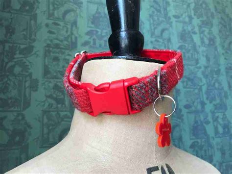 Scrufts Ruby Red Harris Tweed Velvet Lined Dog Collar Scrufts