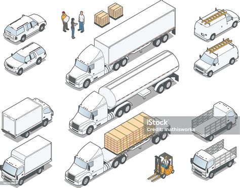 Isometric Trucks向量圖形及更多貨車圖片 貨車 等軸測投影 鉸接式貨車 Istock