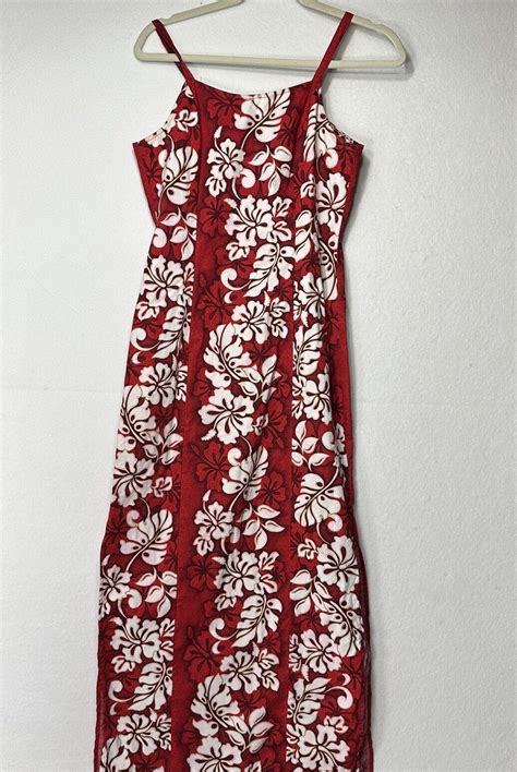 Vintage Maxi Dress Red Spaghetti Strap Hawaiian Hibiscus Womens Small