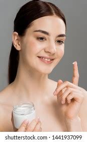 Happy Naked Woman Holding Container Cosmetic Stock Photo