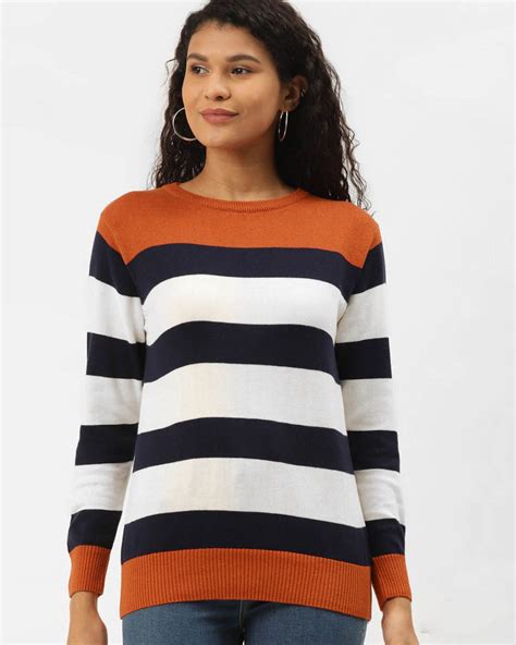 Buy Womens Rust Orange And Navy Blue Striped Pullover Sweater Online At