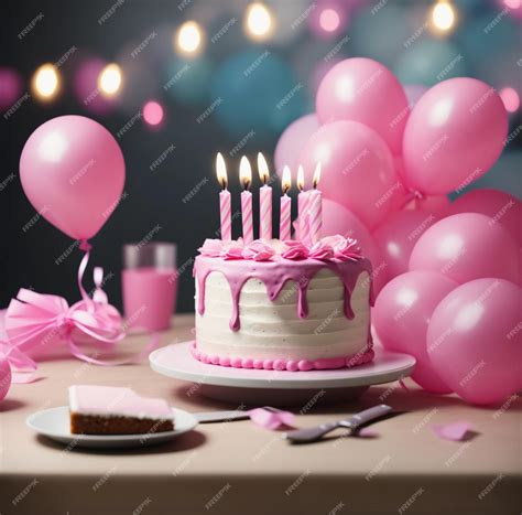 Premium AI Image | a birthday cake with pink balloons and a cake with a ...