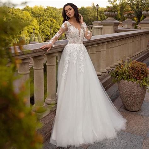 Robe De mariée style bohémien coupe trapèze manches longues Corset en