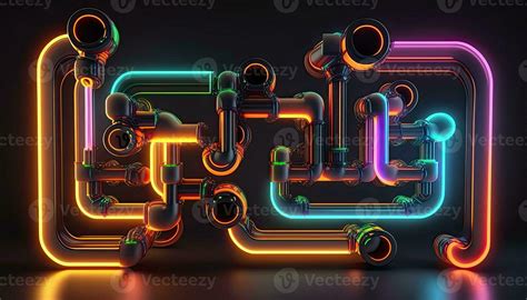 Abstract Neon Lights Tangled Pipes Or Tubes On Dark Background Digital