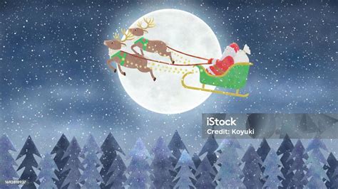 Santas Sleigh With Reindeers On Background Of Night Sky With Moon Stock Illustration Download