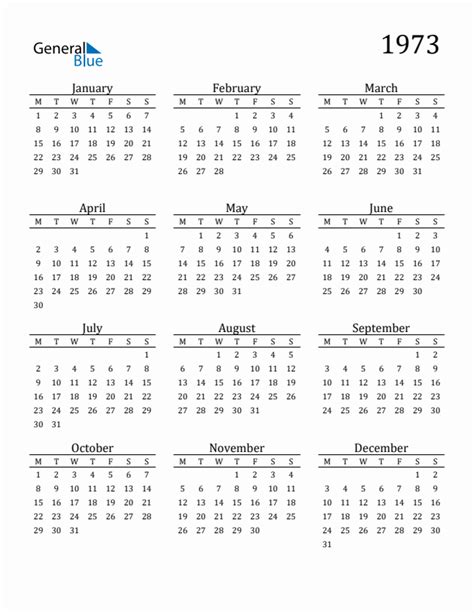 1973 Yearly Calendar Templates with Monday Start