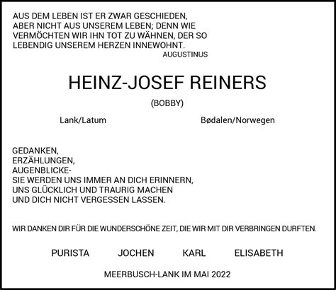 Alle Traueranzeigen F R Heinz Josef Reiners Trauer Rp Online De