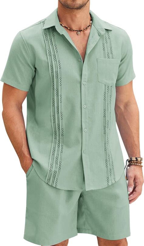 Coofandy Men Linen Sets Outfits Piece Short Sleeve Cuban Shirts