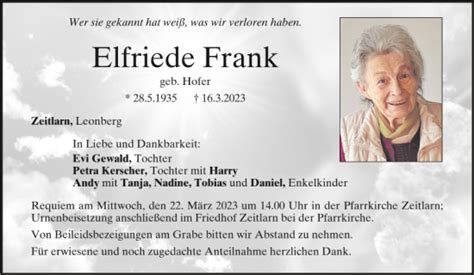 Traueranzeigen Von Elfriede Frank Mittelbayerische Trauer