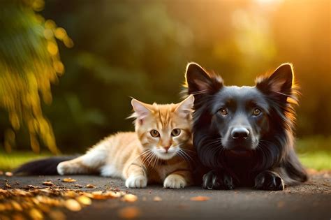 Un Perro Y Un Gato Tirados Juntos En Una Acera Foto Premium