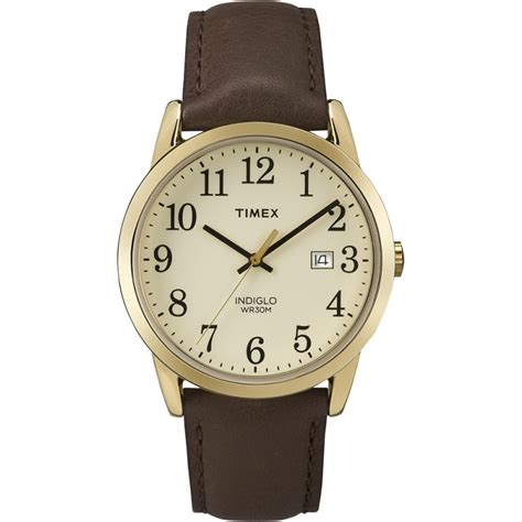 Mens Easy Reader Watch With Gold Tone Case Brown Leather Strap