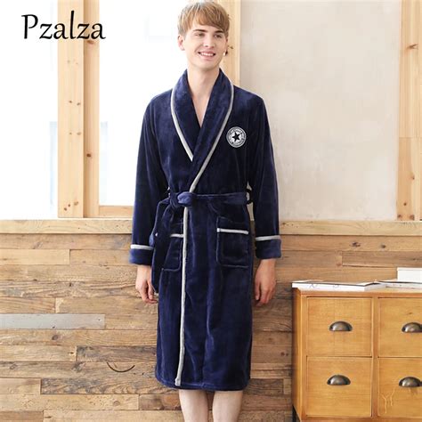 Long Winter Sleeping Robe For Men Soft Flannel Warm Robe Bathrobe Men Letter Patchwork Home Robe ...