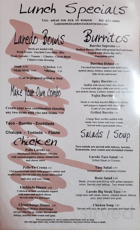 Laredo Mexican Restaurant Menu In Jesup Georgia Usa