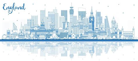 Outline England City Skyline With Blue Buildings And Reflections