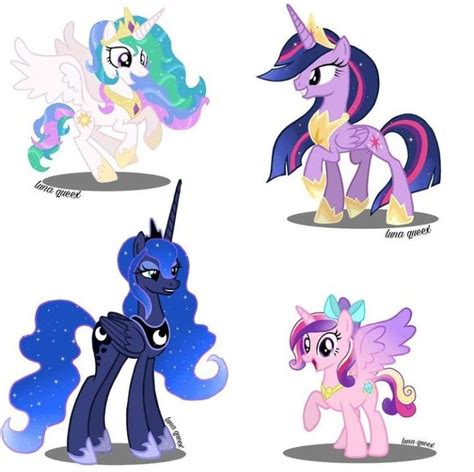 Four Different Colored Ponys Standing Next To Each Other