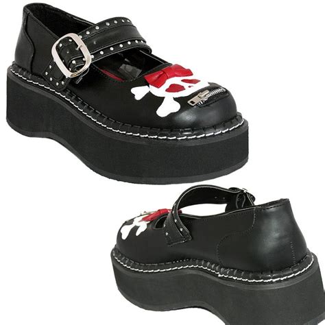 Demonia Emily 221 Black Platform Creepers Bow Skull Heart Punk Kawaii