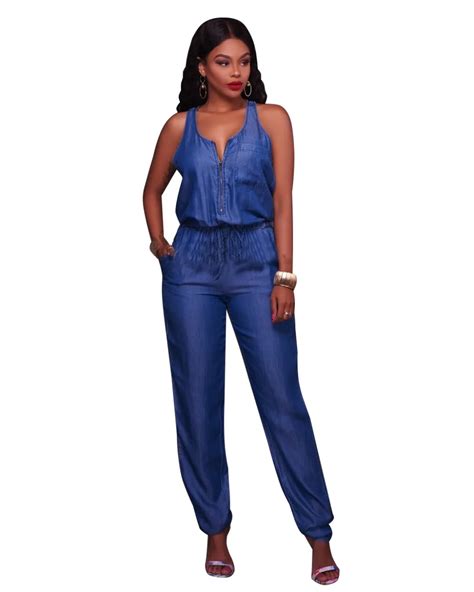 2017 Jeans Rompers Sexy Womens Overalls Tank Sleeveless Loose Blue