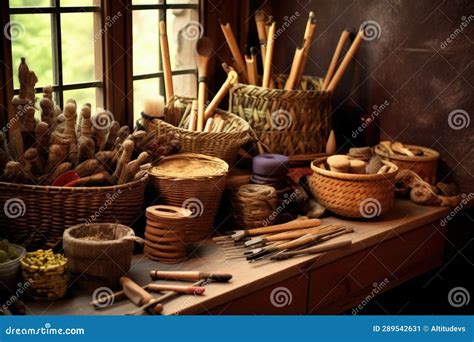 Basket Weaving Tools And Materials Neatly Organized Stock Illustration