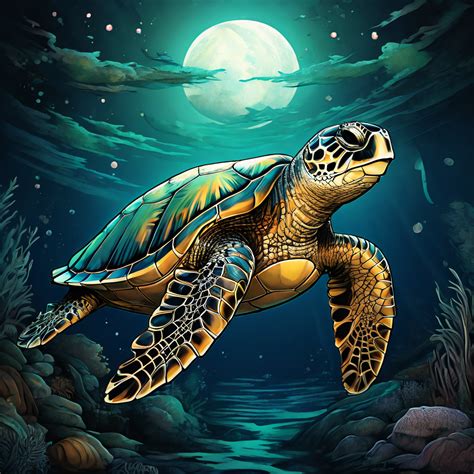 Drawing Of A Full Body Naked Sea Turtle With A Moon Behind I By