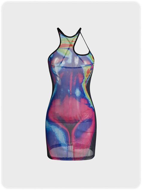 Y2k Multicolor Thermal Body Print Asymmetrical Design Dress Mini Dress Kollyy