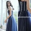 Elegant Navy Blue Dancing Prom Dresses A Line Princess Spaghetti