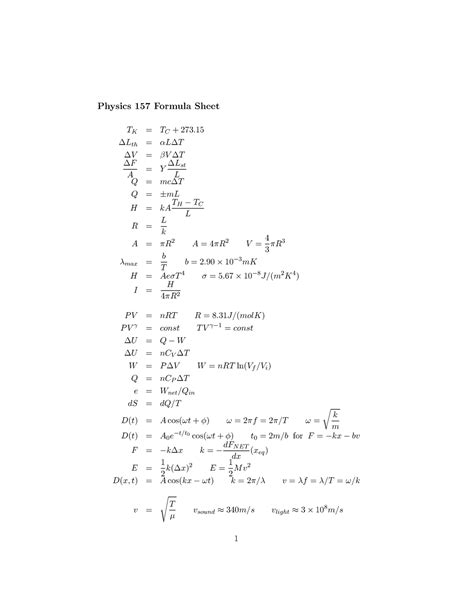 Exam Formula Sheet Stuff Physics 157 Formula Sheet Tk Tc 273 15