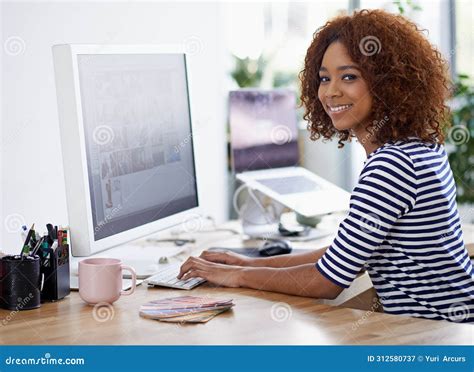 Creative Office And Portrait Of Black Woman At Computer With Editing A Project In Media Or