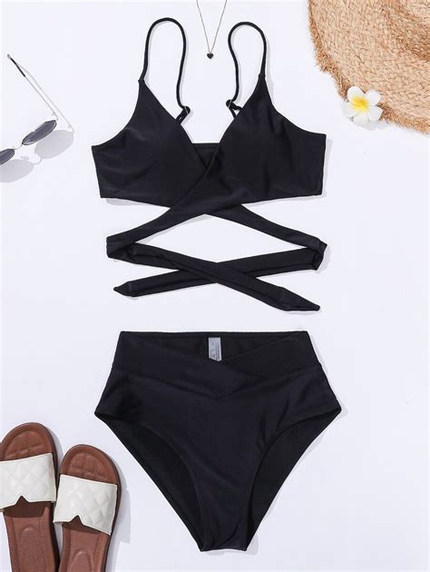 Shein Swim Conjunto De Bikini Unicolor Sujetador Con Lazo En La Espalda