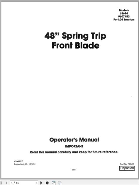 New Holland Tractor 48 Inch Spring Trip Front Blade Operator S Manual