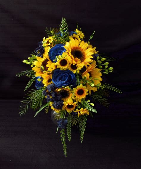 Rustic Sunflower And Blue Cascading Bridal Bouquet Etsy