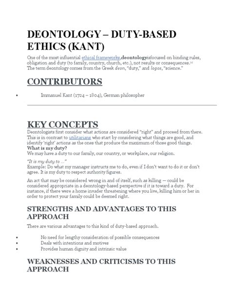 Deontology - Duty-Based Ethics (Kant) : Contributors | PDF ...